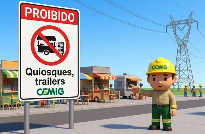 Placa da CEMIG com aviso “Proibido quiosques e trailers” em área próxima a linhas de transmissão de energia. Ao fundo, há quiosques, trailers de alimentação, mesas ao ar livre e uma torre de energia elétrica.