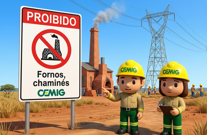 Placa da CEMIG com aviso “Proibido fornos e chaminés” em área próxima a linhas de transmissão de energia. Ao fundo, há uma construção com forno e chaminé emitindo fumaça, trabalhadores e uma torre de energia elétrica.