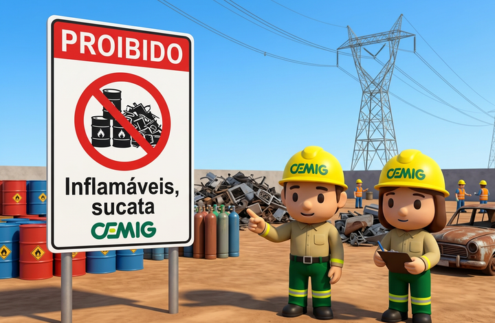 Placa da CEMIG com aviso “Proibido inflamáveis e sucata” em área próxima a linhas de transmissão de energia. Ao fundo, há tambores de produtos inflamáveis, materiais de sucata, cilindros metálicos, veículos e uma torre de energia elétrica.