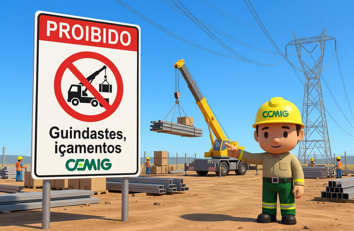 Placa da CEMIG com aviso “Proibido guindastes e içamentos” em área próxima a linhas de transmissão de energia. Ao fundo, há um guindaste movimentando materiais, trabalhadores e uma torre de energia elétrica.
