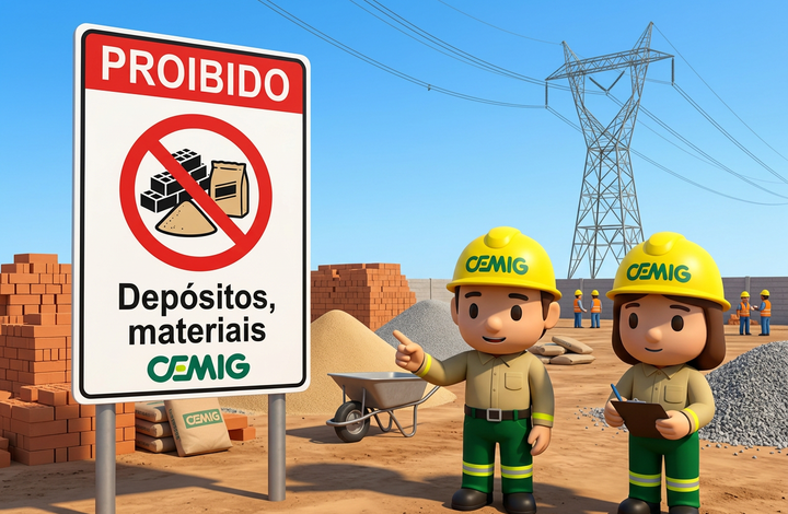 Placa da CEMIG com aviso “Proibido depósitos e materiais” em área próxima a linhas de transmissão de energia. Ao fundo, há pilhas de tijolos, areia, brita, materiais de construção, trabalhadores e uma torre de energia elétrica.