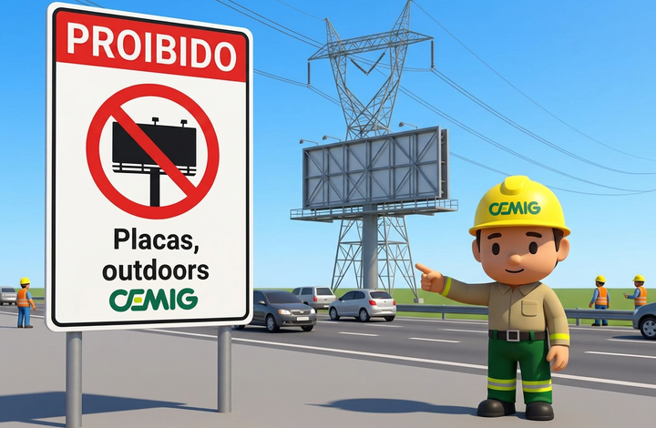 Placa da CEMIG com aviso “Proibido placas e outdoors” em área próxima a linhas de transmissão de energia. Ao fundo, há um outdoor, veículos em uma rodovia, trabalhadores e uma torre de energia elétrica.