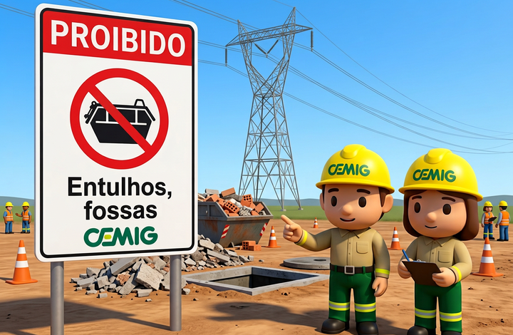 Placa da CEMIG com aviso “Proibido entulhos e fossas” em área próxima a linhas de transmissão de energia. Ao fundo, há entulho de construção, uma escavação no solo, trabalhadores e uma torre de energia elétrica.