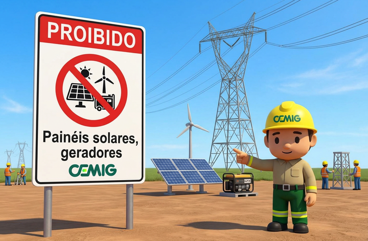 Placa da CEMIG com aviso “Proibido painéis solares e geradores” em área próxima a linhas de transmissão de energia. Ao fundo, há painéis solares, um gerador, uma turbina eólica, trabalhadores e uma torre de energia elétrica.
