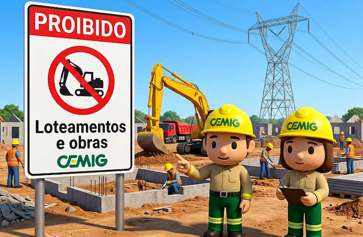 Placa da CEMIG com aviso “Proibido loteamentos e obras” em área próxima a linhas de transmissão de energia. Ao fundo, há um canteiro de obras com escavadeira, caminhão, trabalhadores, construções e uma torre de energia elétrica.