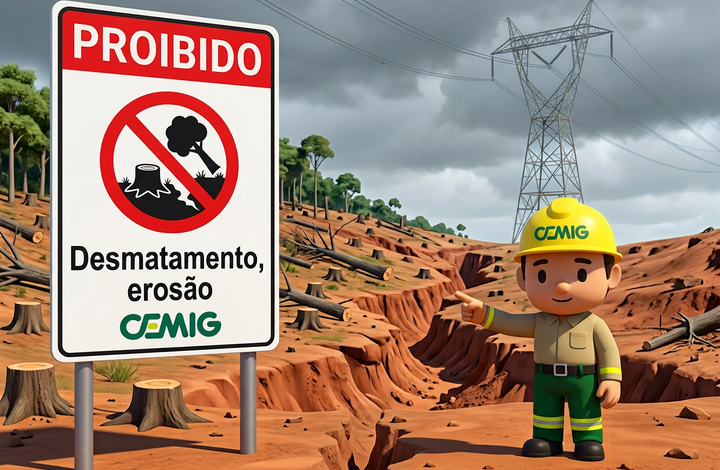 Placa da CEMIG com aviso “Proibido desmatamento e erosão” em área próxima a linhas de transmissão de energia. Ao fundo, há árvores cortadas, solo com erosão, trabalhadores e uma torre de energia elétrica.