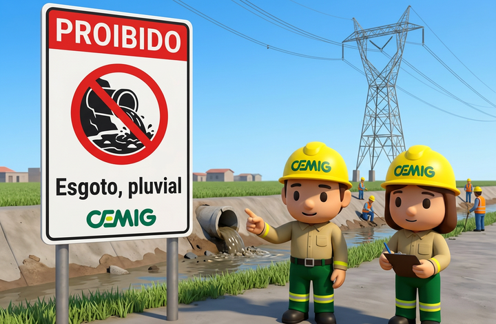 Placa da CEMIG com aviso “Proibido esgoto e pluvial” em área próxima a linhas de transmissão de energia. Ao fundo, há um canal de drenagem com descarga de água por tubulação, trabalhadores e uma torre de energia elétrica.