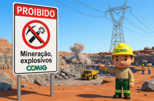 Placa da CEMIG com aviso “Proibido mineração e explosivos” em área próxima a linhas de transmissão de energia. Ao fundo, há uma mineração a céu aberto, explosão com nuvem de poeira, caminhão de mineração, trabalhadores e uma torre de energia elétrica.