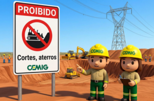 Placa da CEMIG com aviso “Proibido cortes e aterros” em área próxima a linhas de transmissão de energia. Ao fundo, há escavações, máquinas de terraplenagem, trabalhadores e uma torre de energia elétrica.